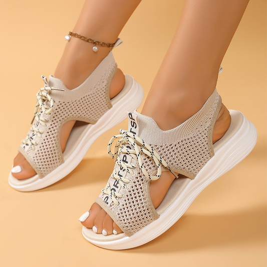 Sandales compensées femme en maille respirante, bout ouvert