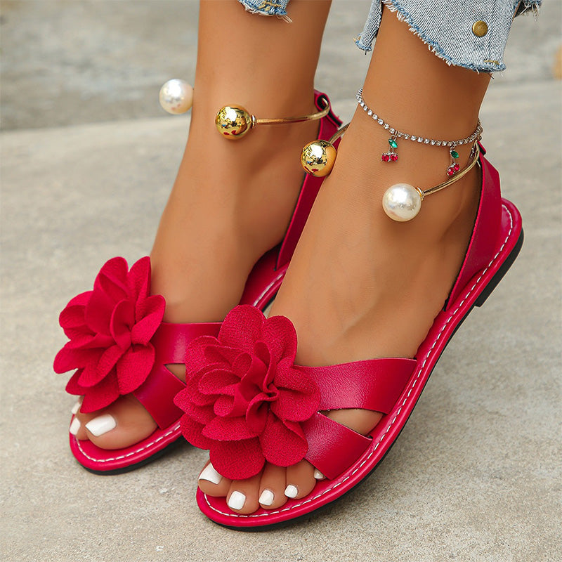 Sandales plates fleurs femme, bride métallique cheville, chaussures d'été