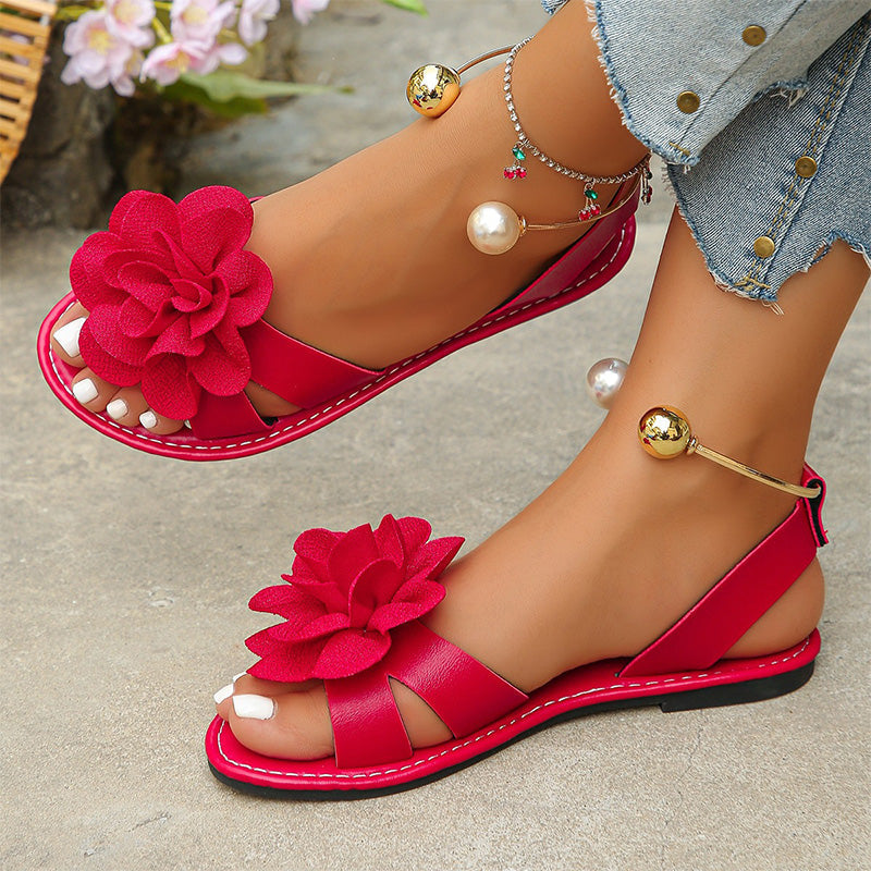 Sandales plates fleurs femme, bride métallique cheville, chaussures d'été