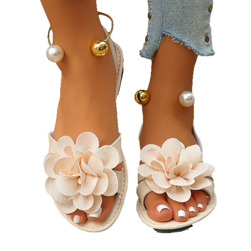 Sandales plates fleurs femme, bride métallique cheville, chaussures d'été
