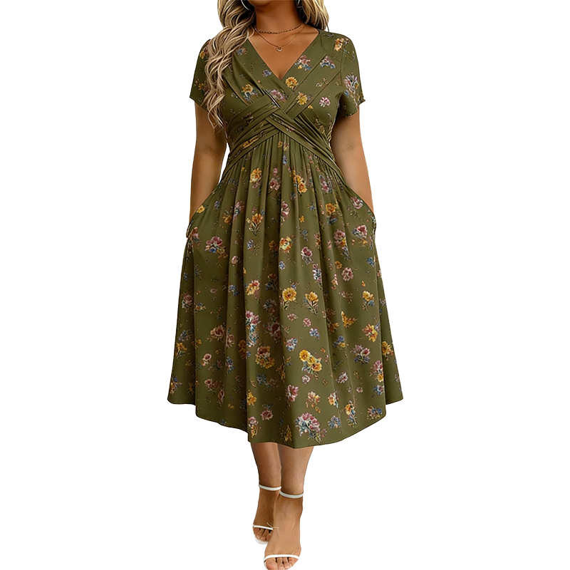 🌸 Robe fleurie à col en V avec nœud à la taille : élégante et décontractée, idéale pour toutes les occasions