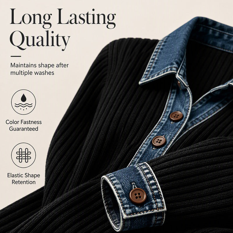 🔥-50% Haut maille patchwork femme col denim manches longues boutons devant🍃 Coupe confortable sans serrement, plusieurs coloris unis disponibles