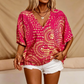 Tendance du moment⭐👚 Haut à manches chauve-souris à imprimé bohème – Col V fluide et style bohème décontracté