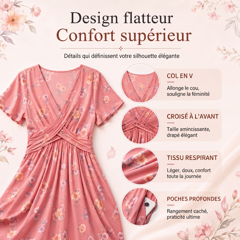🌸 Robe fleurie à col en V avec nœud à la taille : élégante et décontractée, idéale pour toutes les occasions
