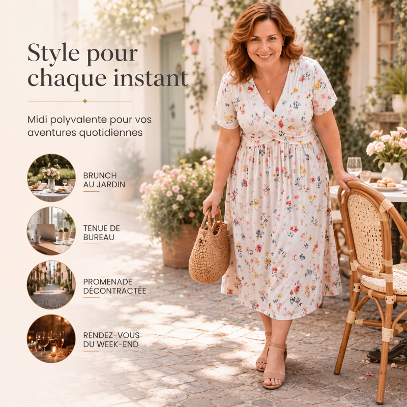 🌸 Robe fleurie à col en V avec nœud à la taille : élégante et décontractée, idéale pour toutes les occasions