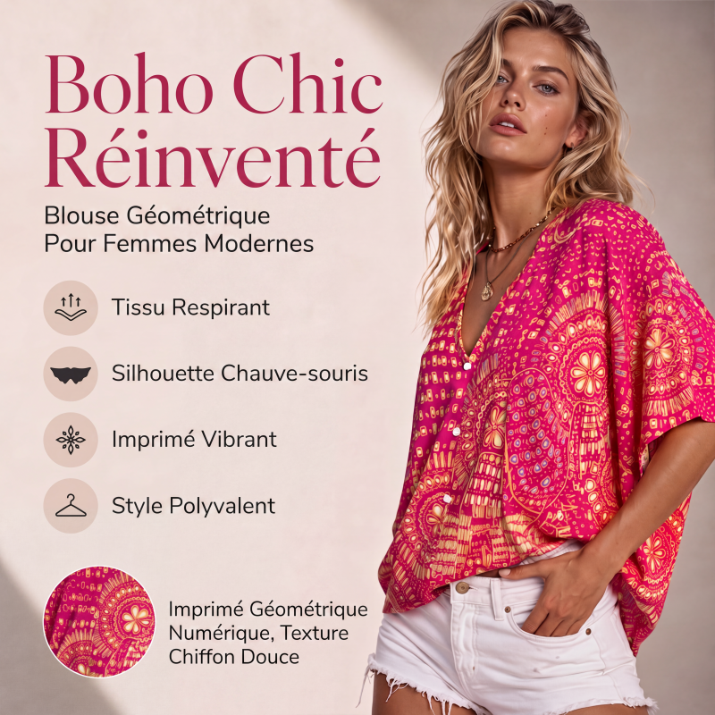 Tendance du moment⭐👚 Haut à manches chauve-souris à imprimé bohème – Col V fluide et style bohème décontracté
