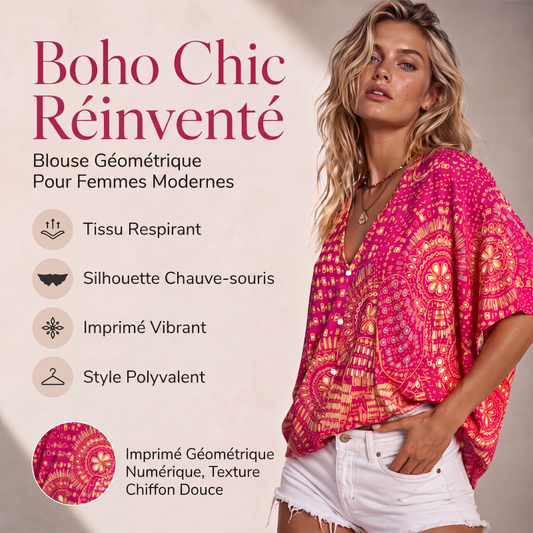 Tendance du moment⭐👚 Haut à manches chauve-souris à imprimé bohème – Col V fluide et style bohème décontracté