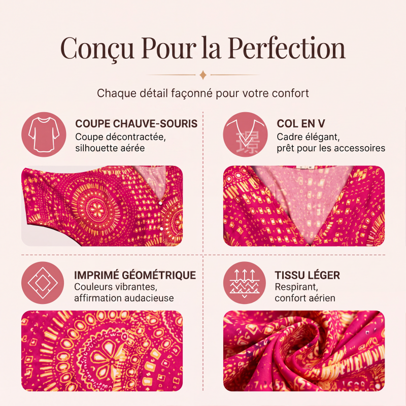 Tendance du moment⭐👚 Haut à manches chauve-souris à imprimé bohème – Col V fluide et style bohème décontracté