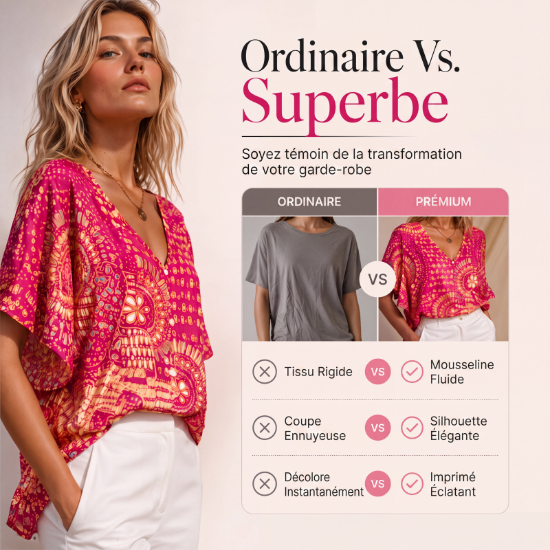 Tendance du moment⭐👚 Haut à manches chauve-souris à imprimé bohème – Col V fluide et style bohème décontracté