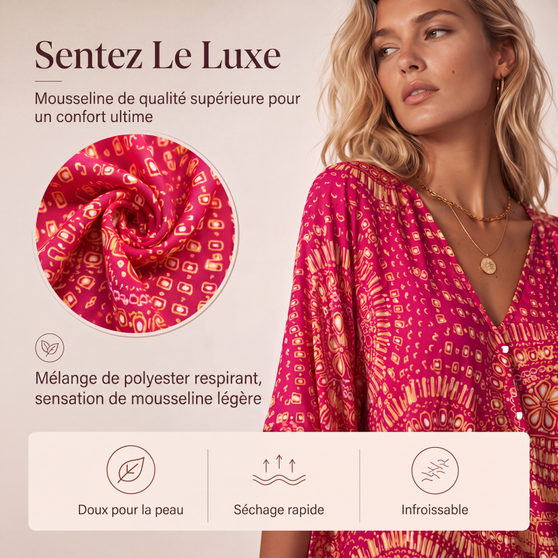 Tendance du moment⭐👚 Haut à manches chauve-souris à imprimé bohème – Col V fluide et style bohème décontracté