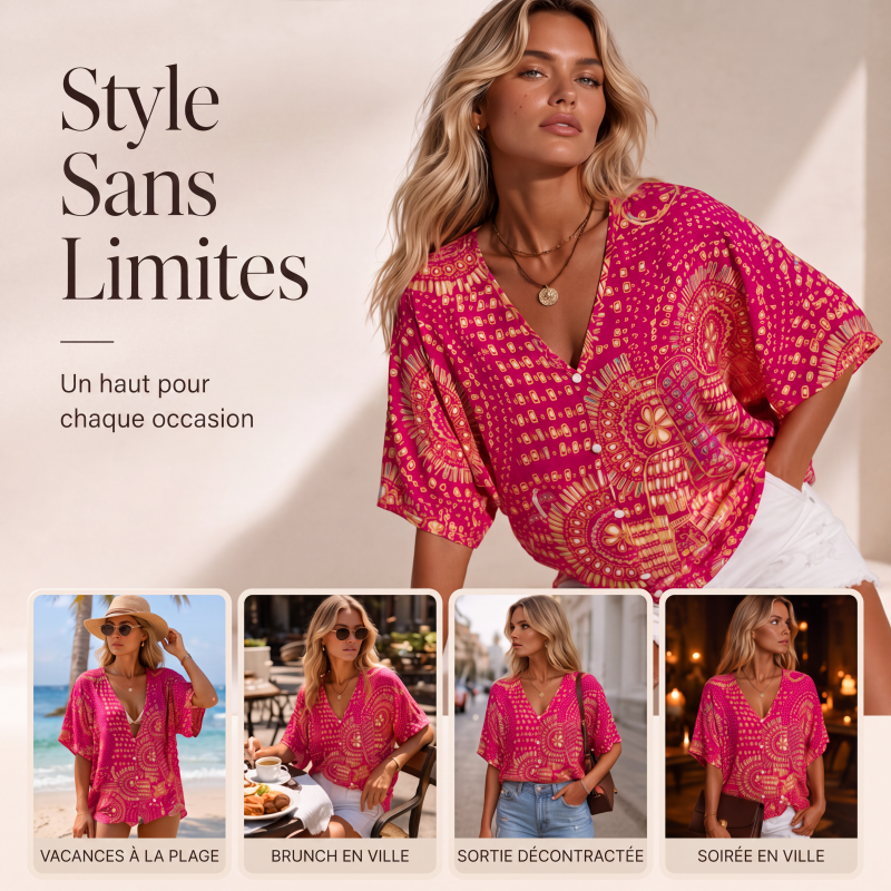 Tendance du moment⭐👚 Haut à manches chauve-souris à imprimé bohème – Col V fluide et style bohème décontracté