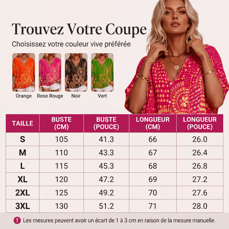 Tendance du moment⭐👚 Haut à manches chauve-souris à imprimé bohème – Col V fluide et style bohème décontracté