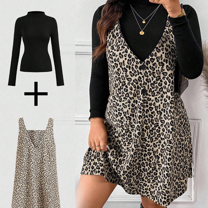 ✨ Ensemble composé d’une robe caraco imprimé léopard et d’un haut à manches longues : à porter ensemble ou séparément 🐆