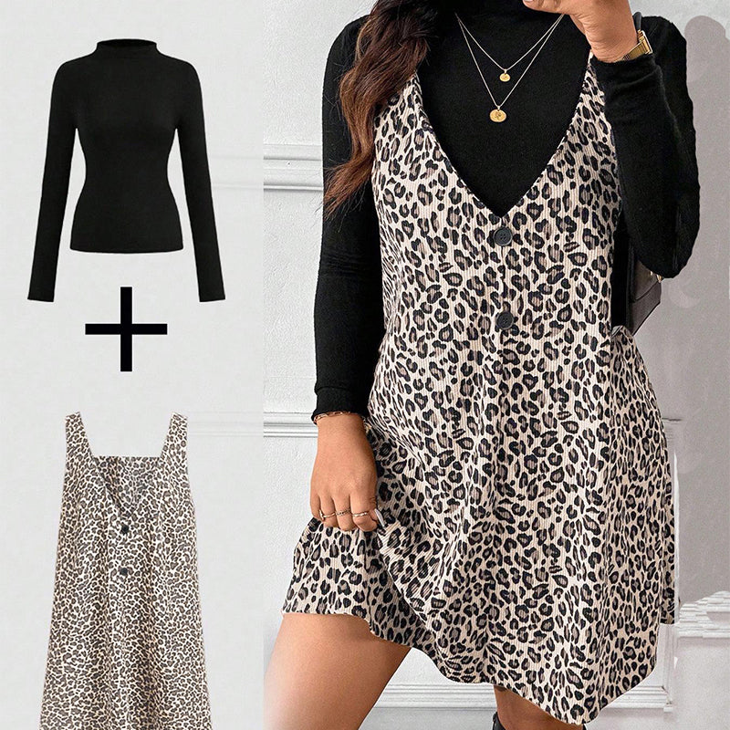 ✨ Ensemble composé d’une robe caraco imprimé léopard et d’un haut à manches longues : à porter ensemble ou séparément 🐆