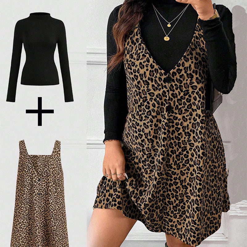 ✨ Ensemble composé d’une robe caraco imprimé léopard et d’un haut à manches longues : à porter ensemble ou séparément 🐆