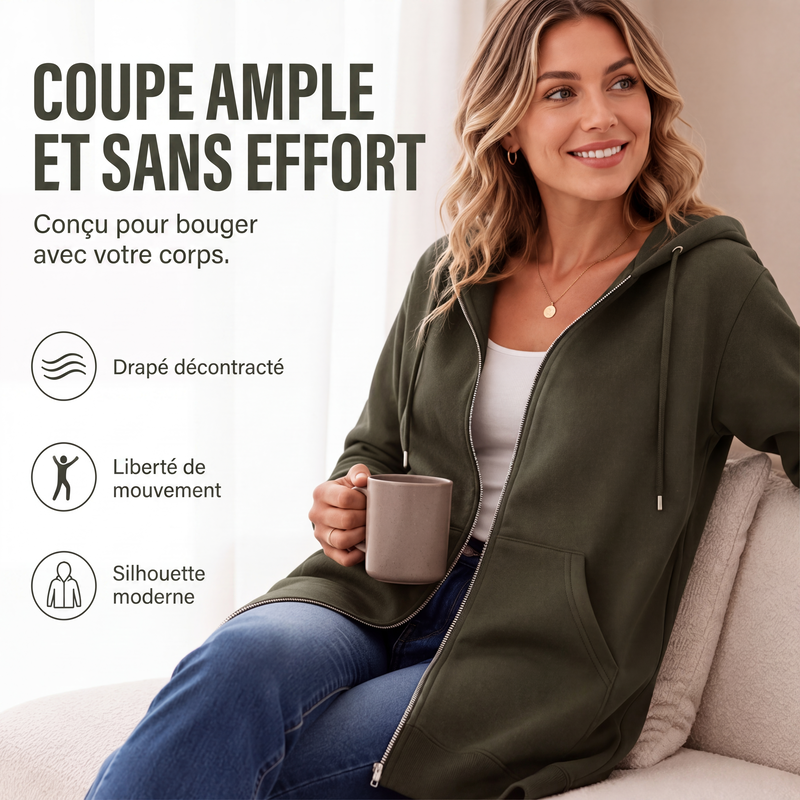 🍂 OFFRE DE SAISON · 50 % | Cardigan Long Femme à Capuche & Zip