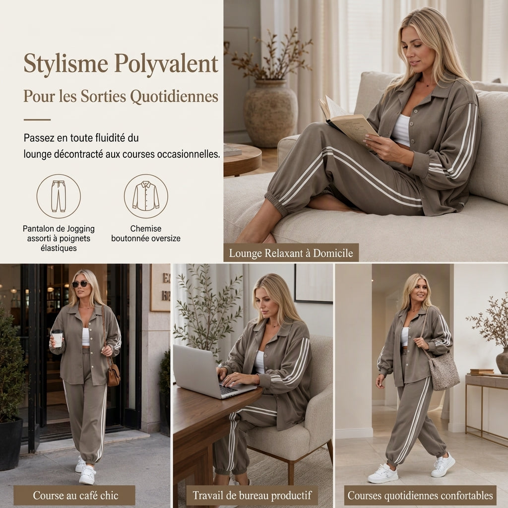 🌸 OFFRE LIMITÉE –50% ! ✨ Ensemble de détente décontracté pour femme composé d'une chemise oversize à boutons et d'un pantalon de jogging à bandes latérales
