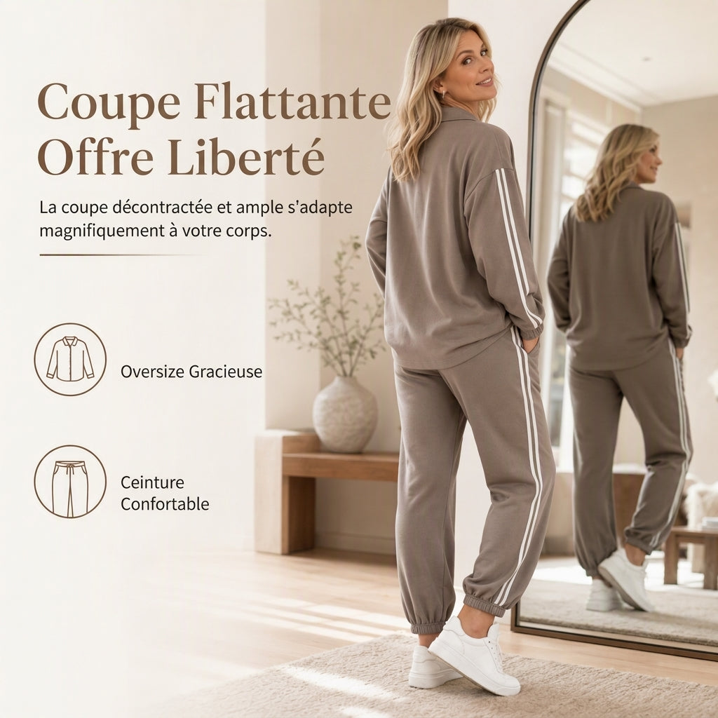 🌸 OFFRE LIMITÉE –50% ! ✨ Ensemble de détente décontracté pour femme composé d'une chemise oversize à boutons et d'un pantalon de jogging à bandes latérales