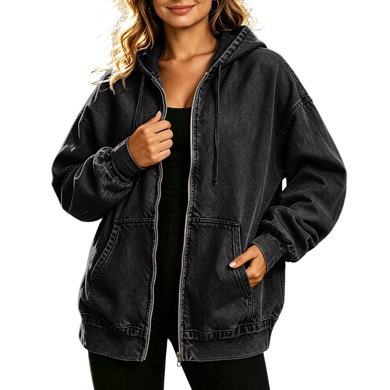 🔥 50% DE RÉDUCTION ! ✨Veste en jean à capuche zippée coupe ample pour femme