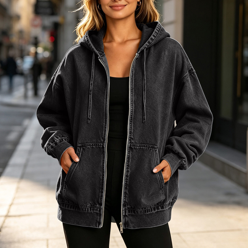 🔥 50% DE RÉDUCTION ! ✨Veste en jean à capuche zippée coupe ample pour femme