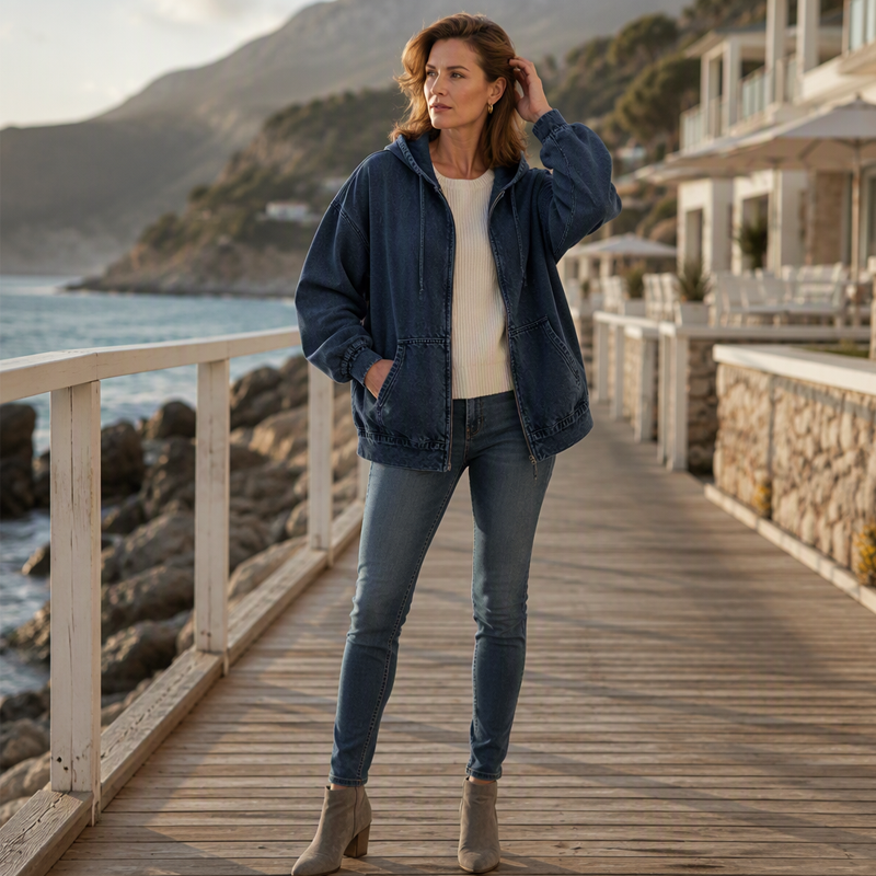 🔥 50% DE RÉDUCTION ! ✨Veste en jean à capuche zippée coupe ample pour femme