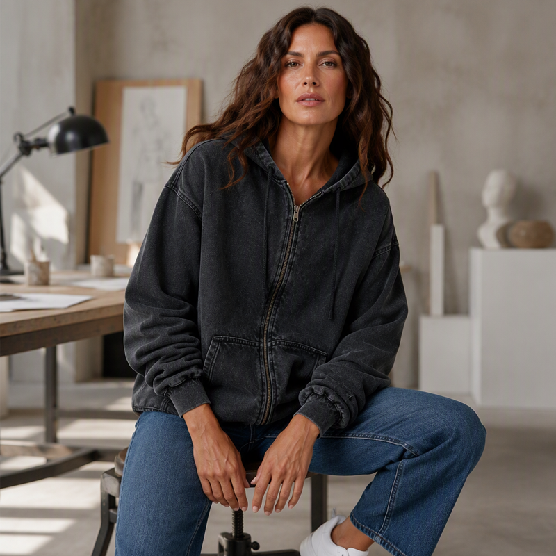🔥 50% DE RÉDUCTION ! ✨Veste en jean à capuche zippée coupe ample pour femme