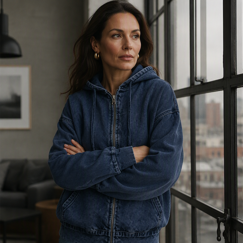 🔥 50% DE RÉDUCTION ! ✨Veste en jean à capuche zippée coupe ample pour femme