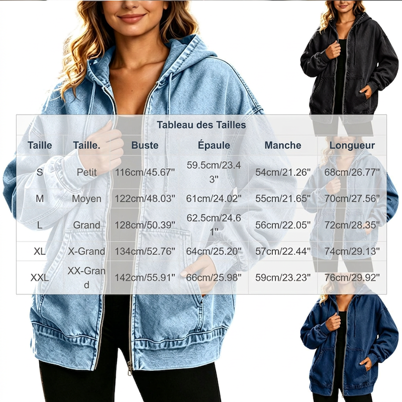 🔥 50% DE RÉDUCTION ! ✨Veste en jean à capuche zippée coupe ample pour femme
