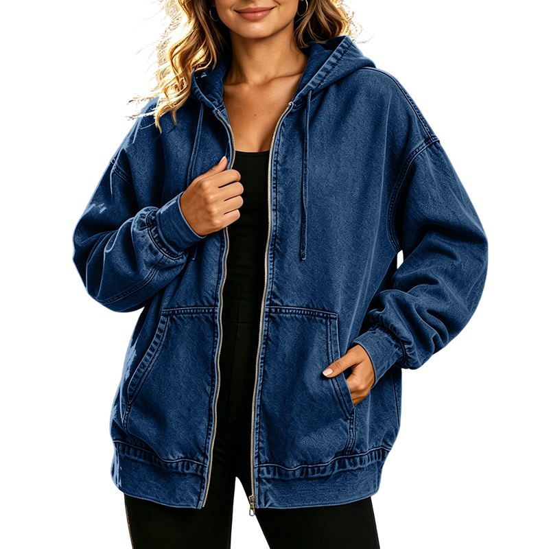 🔥 50% DE RÉDUCTION ! ✨Veste en jean à capuche zippée coupe ample pour femme