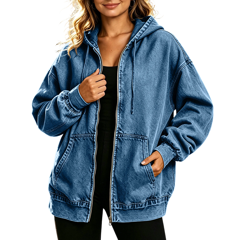 🔥 50% DE RÉDUCTION ! ✨Veste en jean à capuche zippée coupe ample pour femme