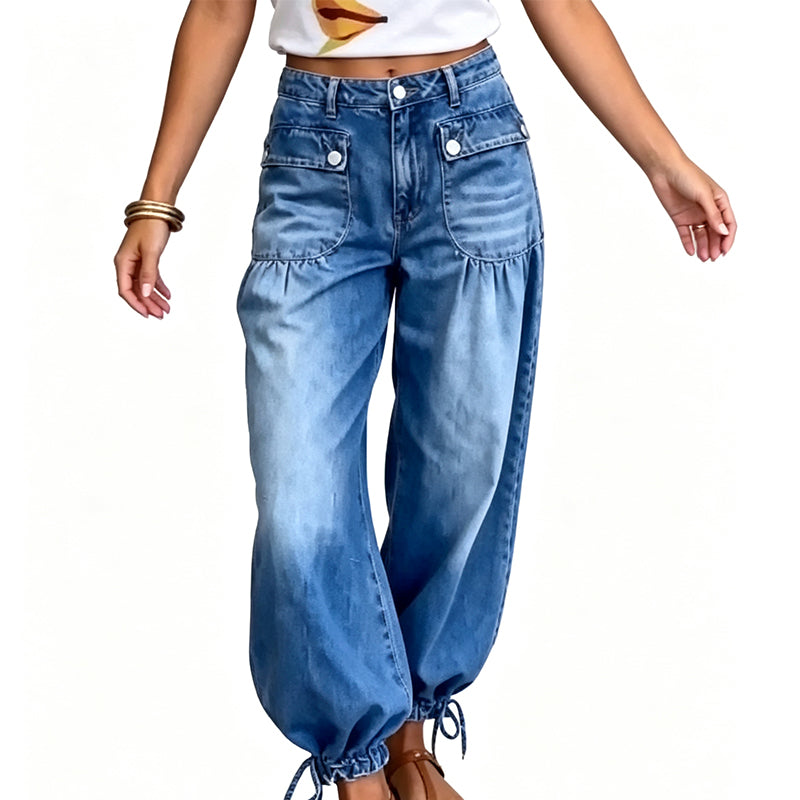 Jean ballon taille haute pour femme avec ourlets à cordon de serrage