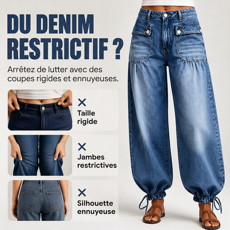Jean ballon taille haute pour femme avec ourlets à cordon de serrage