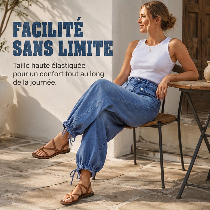 Jean ballon taille haute pour femme avec ourlets à cordon de serrage