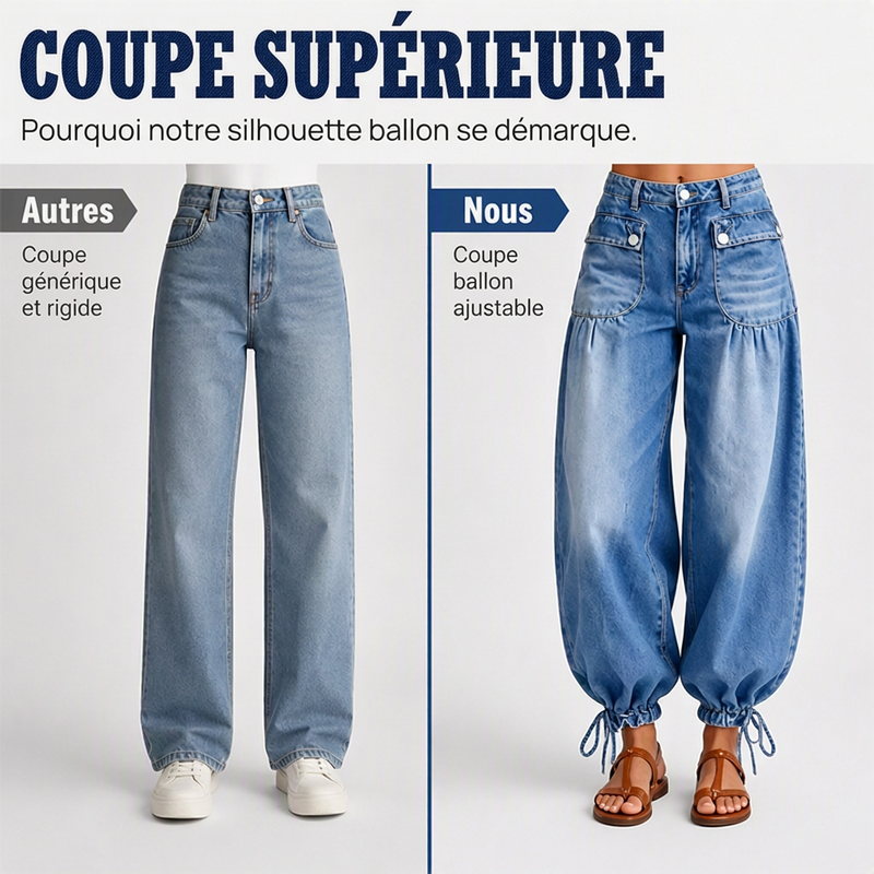 Jean ballon taille haute pour femme avec ourlets à cordon de serrage
