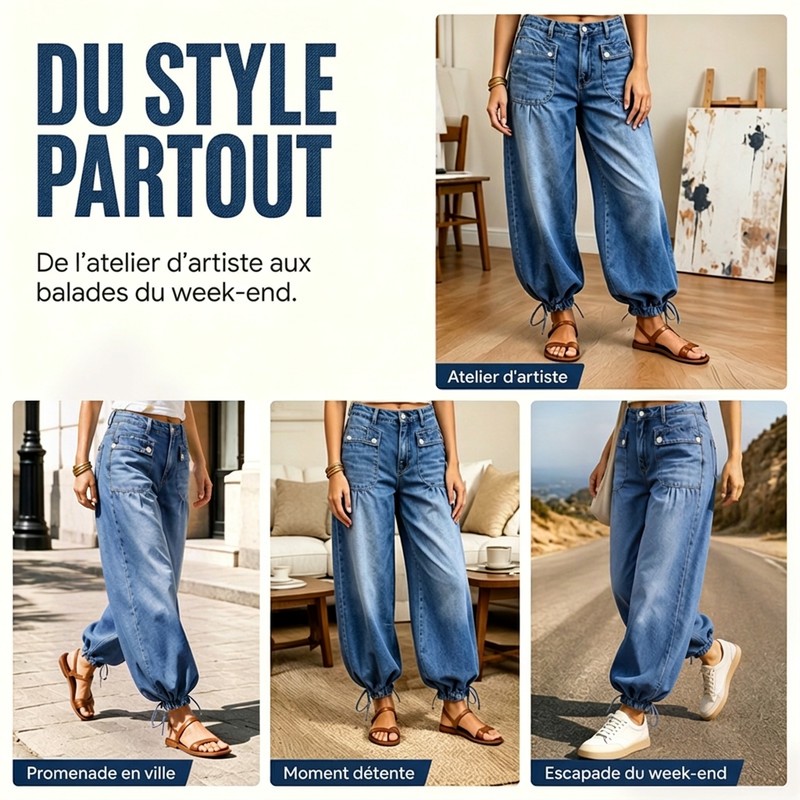 Jean ballon taille haute pour femme avec ourlets à cordon de serrage
