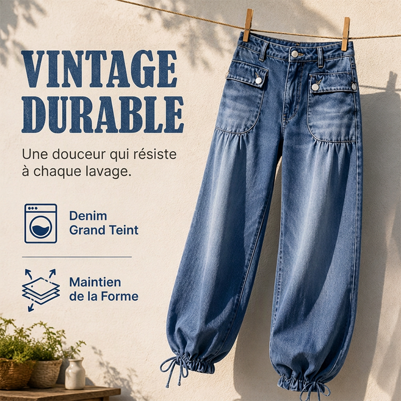 Jean ballon taille haute pour femme avec ourlets à cordon de serrage