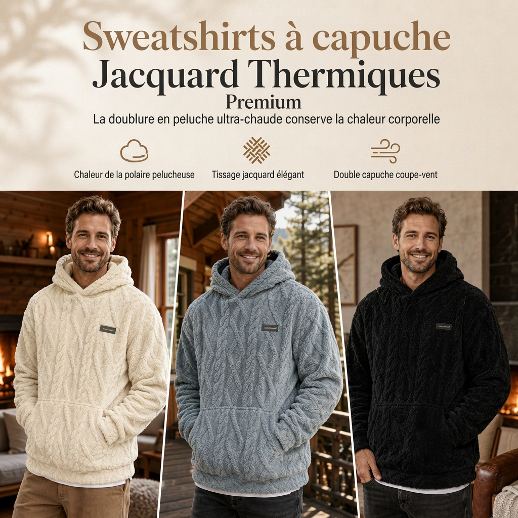 Sweat à capuche doublé polaire pour homme, motif jacquard, manches longues, style pull, pour tenues décontractées et activités en extérieur en hiver