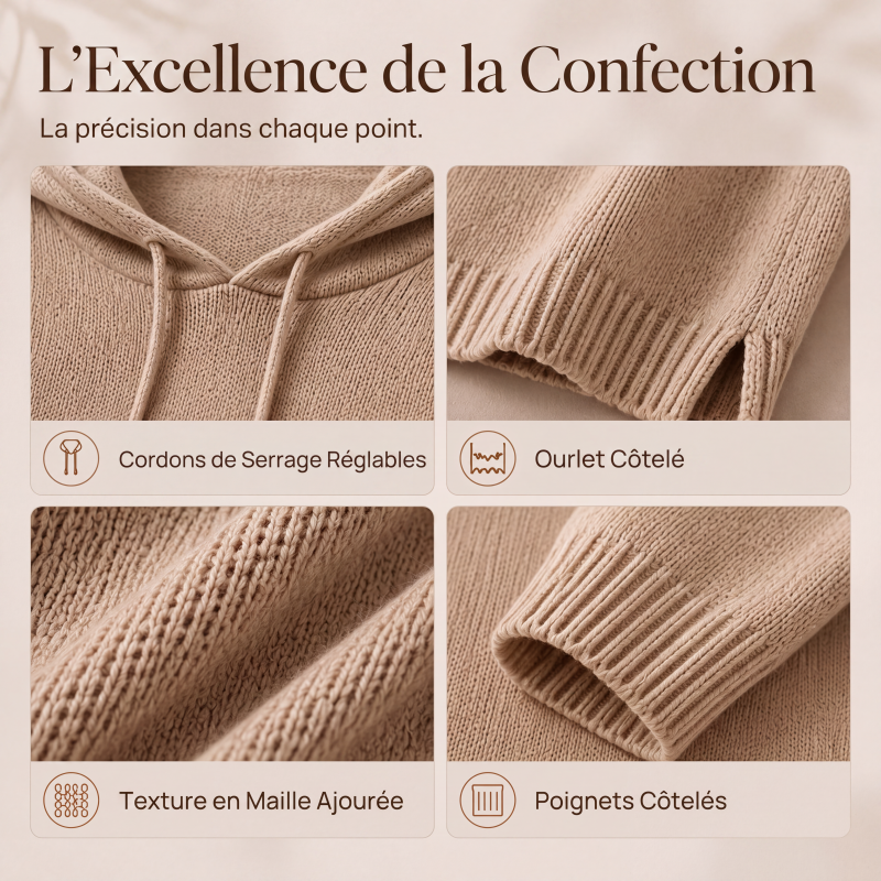 Pull en maille à capuche avec cordon de serrage pour femme