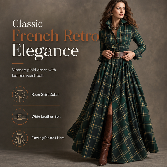 Robe vintage française à carreaux pour femmes grandes tailles, avec ourlet irrégulier et coupe amincissante