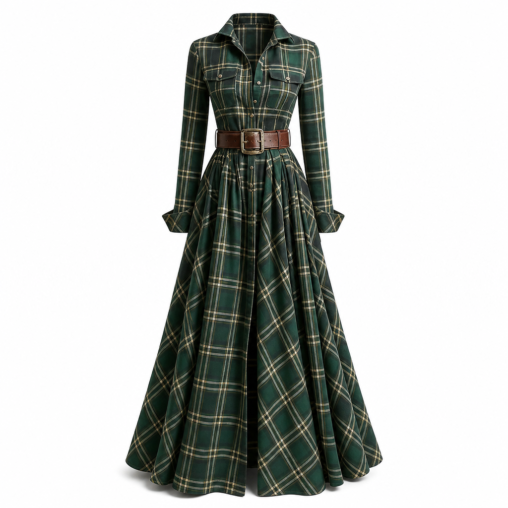 Robe vintage française à carreaux pour femmes grandes tailles, avec ourlet irrégulier et coupe amincissante