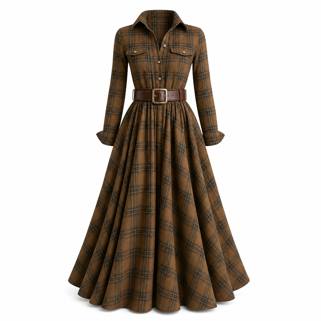 Robe vintage française à carreaux pour femmes grandes tailles, avec ourlet irrégulier et coupe amincissante