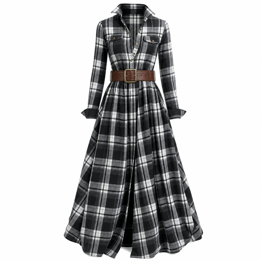 Robe vintage française à carreaux pour femmes grandes tailles, avec ourlet irrégulier et coupe amincissante