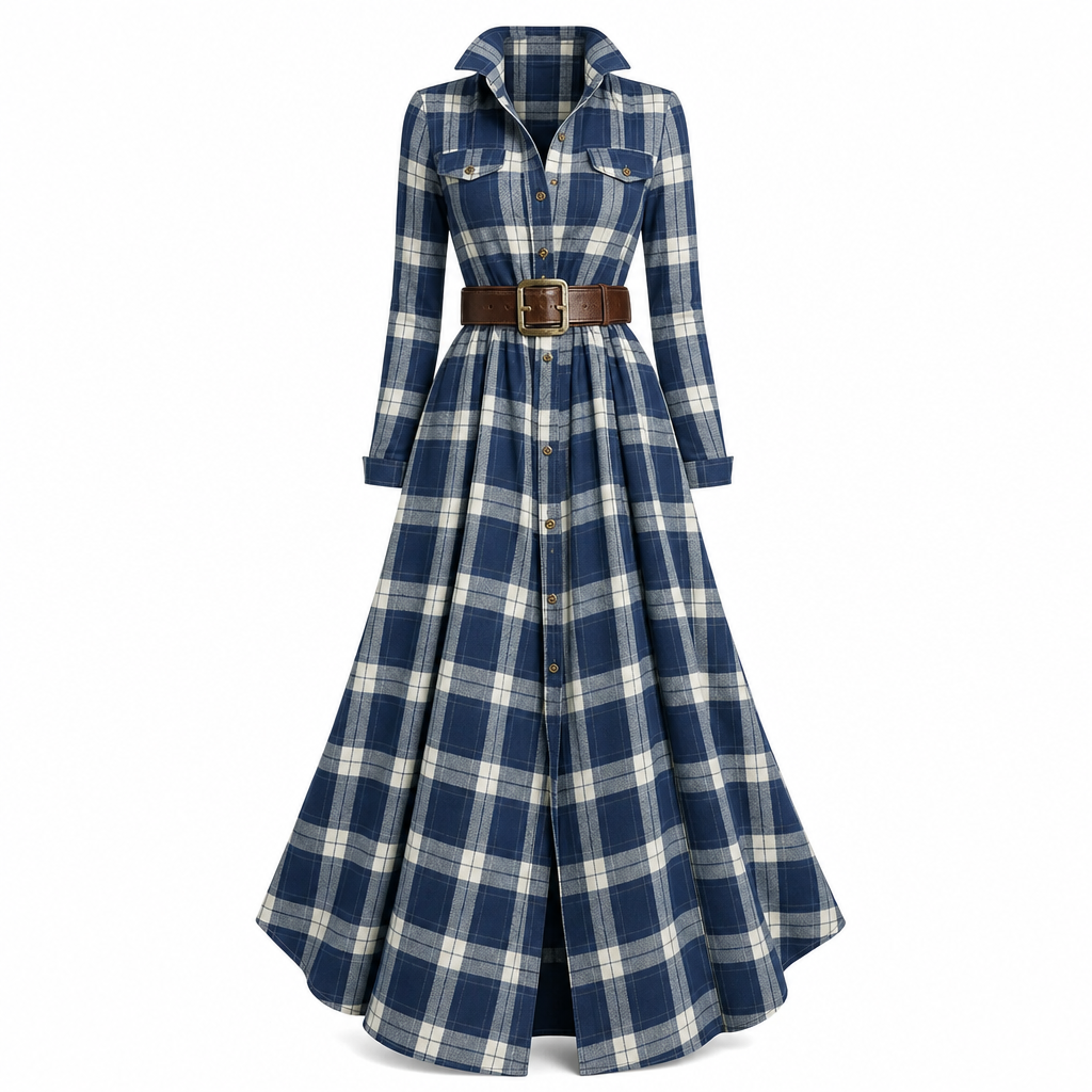 Robe vintage française à carreaux pour femmes grandes tailles, avec ourlet irrégulier et coupe amincissante