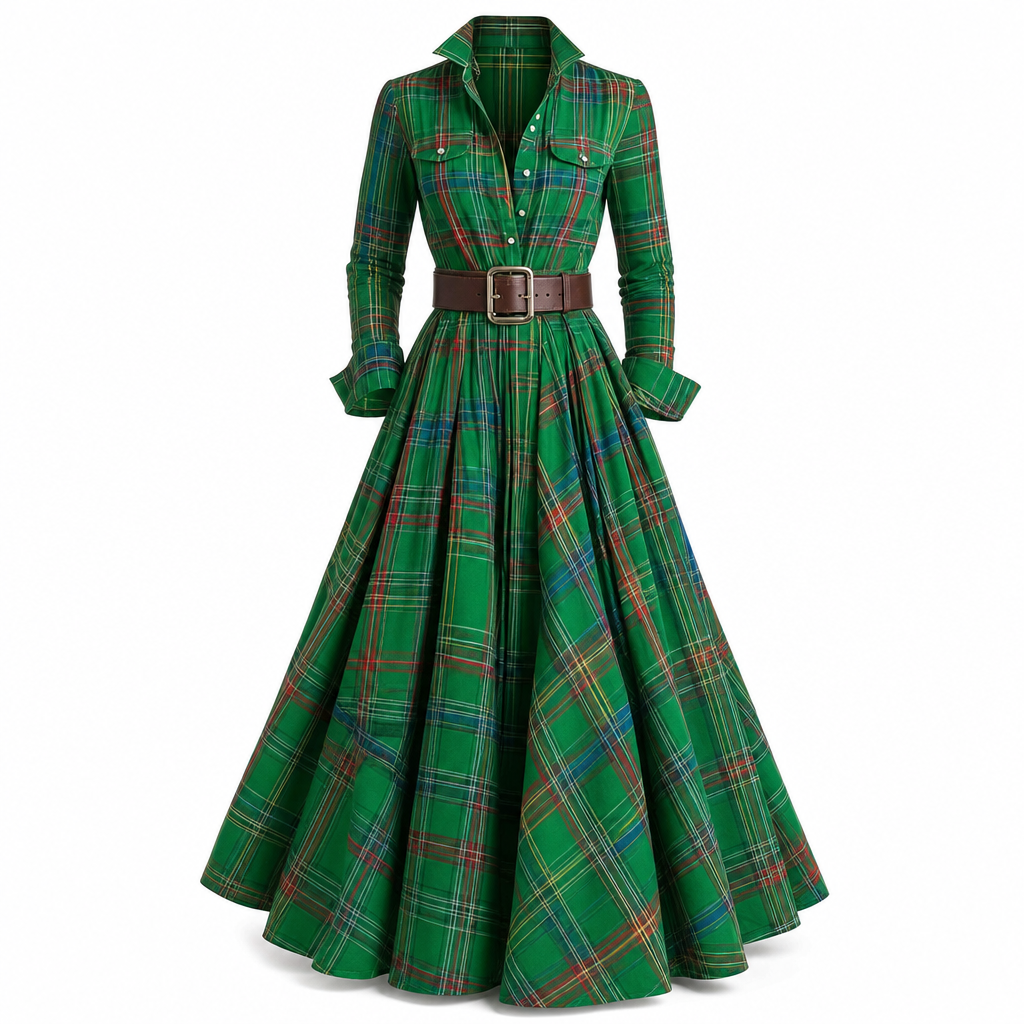 Robe vintage française à carreaux pour femmes grandes tailles, avec ourlet irrégulier et coupe amincissante