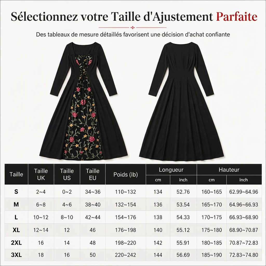Robe longue corset noire à manches longues, col carré et lacets, avec panneau en maille brodé de fleurs