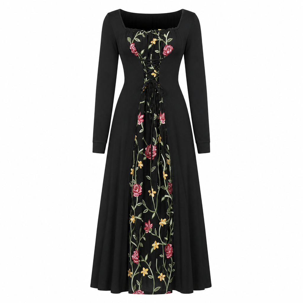 Robe longue corset noire à manches longues, col carré et lacets, avec panneau en maille brodé de fleurs