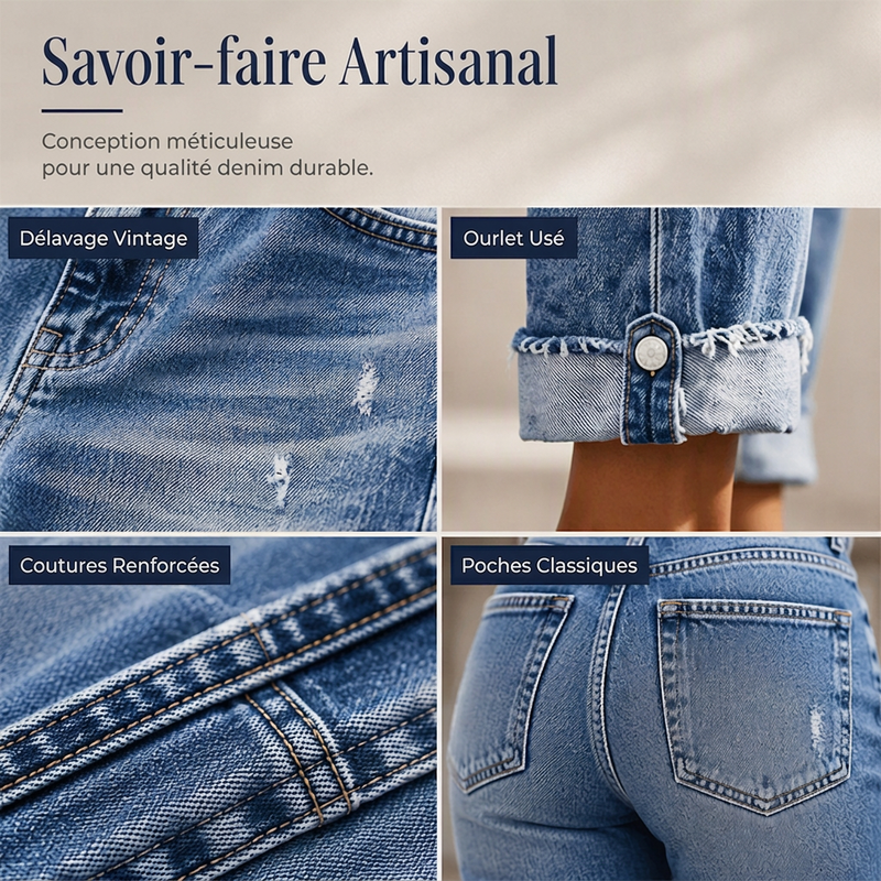 Jeans droits décontractés effet usé pour femme