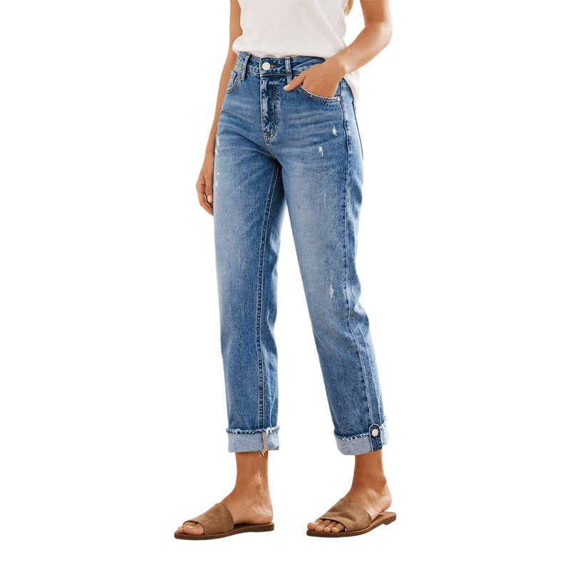 Jeans droits décontractés effet usé pour femme