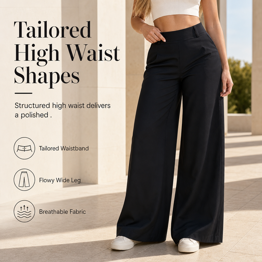 Pantalon décontracté pour femme, taille haute, coupe ajustée et jambes larges, au tombé fluide