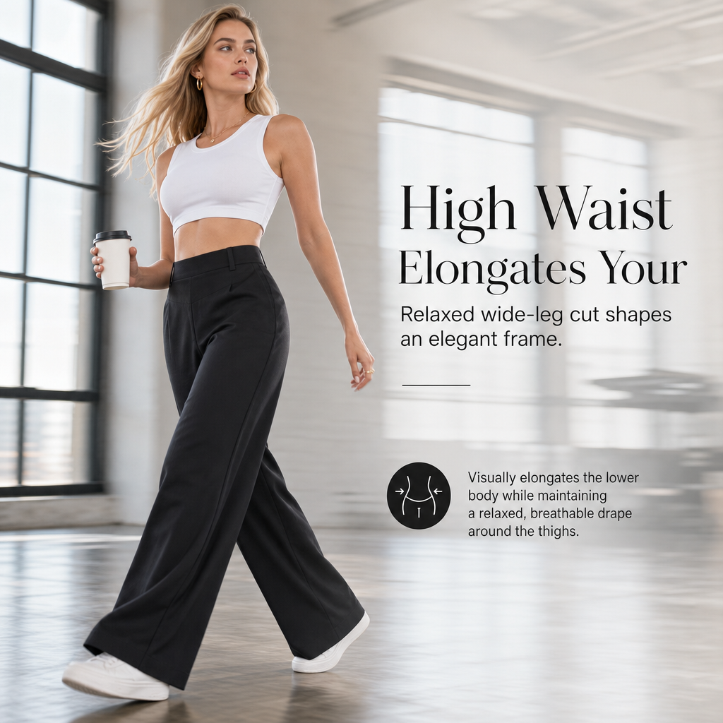 🔥 -50 % | 👖 Pantalon Large Taille Haute Femme – Tombé Fluide & Silhouette Élancée
